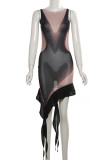 Black Elegant Patchwork See-through O Neck Irregular Dresses