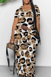 Yellow White Casual Print Patchwork Pocket V Neck Long Dresses