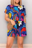 Colour Casual Print Graffiti Pocket O Neck Loose Rompers