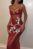 Red Elegant Floral Sequins Patchwork Spaghetti Strap Sling Dresses