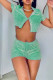 Cyan Sexy Print Patchwork Draw String Buttons Turndown Collar Short Sleeve Two Pieces