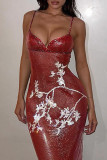 Red Elegant Floral Sequins Patchwork Spaghetti Strap Sling Dresses