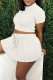 White Sweet Solid Patchwork Buckle Pleated Turndown Collar Short Sleeve Two Pieces