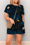 Colour Casual Print Graffiti Pocket O Neck Loose Rompers