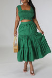 Green Casual Solid Patchwork Fold Square Collar Sleeveless Two Pieces