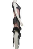 Black Elegant Patchwork See-through O Neck Irregular Dresses