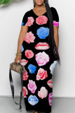 Black Pink Casual Print Patchwork V Neck Long Dresses