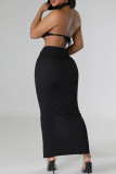 Black Casual Solid Bandage Patchwork Backless Slit Turtleneck Sleeveless Two Pieces