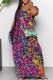 Dark Purple Casual Print Patchwork Pocket V Neck Long Dresses