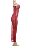 Red Elegant Floral Sequins Patchwork Spaghetti Strap Sling Dresses