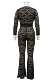 Black Sexy Lace Patchwork Buckle See-through Contrast Turndown Collar Skinny Jumpsuits