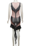 Black Elegant Patchwork See-through O Neck Irregular Dresses