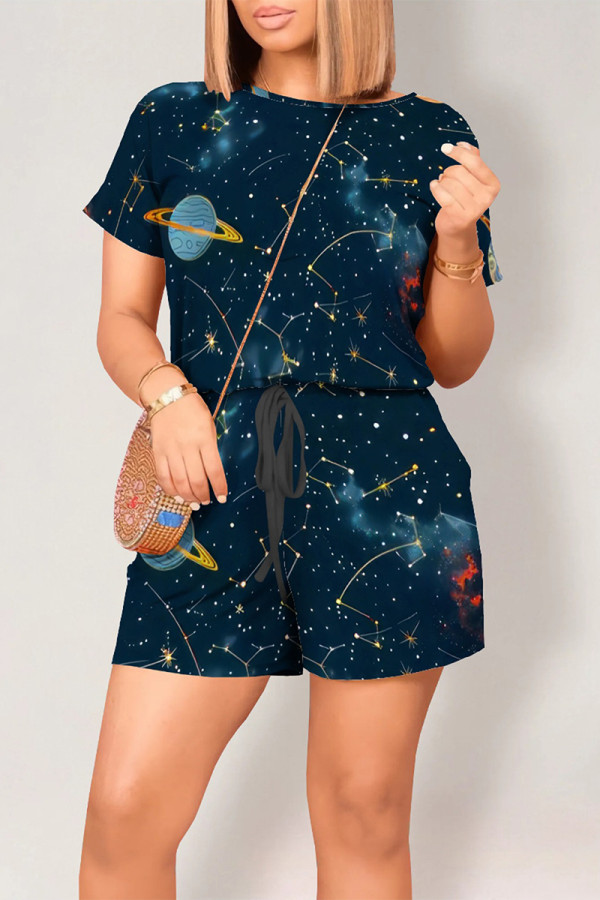 Navy Blue Casual Print Graffiti Pocket O Neck Loose Rompers