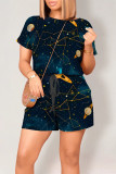 Colour Casual Print Graffiti Pocket O Neck Loose Rompers