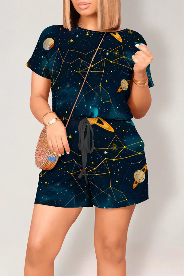 Dark Blue Casual Print Graffiti Pocket O Neck Loose Rompers