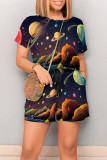Colour Casual Print Graffiti Pocket O Neck Loose Rompers