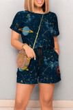 Colour Casual Print Graffiti Pocket O Neck Loose Rompers