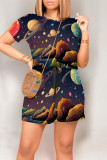 Colour Casual Print Graffiti Pocket O Neck Loose Rompers