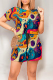Colour Casual Print Graffiti Pocket O Neck Loose Rompers