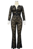 Black Sexy Lace Patchwork Buckle See-through Contrast Turndown Collar Skinny Jumpsuits