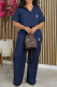 Blue Casual Print Patchwork Draw String Pocket Turndown Collar Half Sleeve Two Pieces
