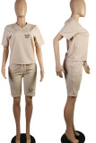 Beige Casual Print Patchwork Draw String Pocket V Neck Short Sleeve Two Pieces