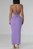 Purple Casual Solid Bandage Patchwork Backless Slit Turtleneck Sleeveless Two Pieces