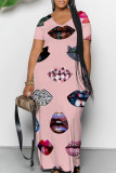 Black Pink Casual Print Patchwork V Neck Long Dresses