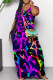 Fuchsia Casual Print Patchwork Pocket V Neck Long Dresses