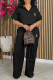 Black Casual Print Patchwork Draw String Pocket Turndown Collar Half Sleeve Two Pieces