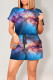 Royal Blue Casual Print Graffiti Pocket O Neck Loose Rompers