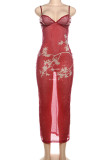 Red Elegant Floral Sequins Patchwork Spaghetti Strap Sling Dresses