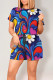 Deep Blue Casual Print Graffiti Pocket O Neck Loose Rompers