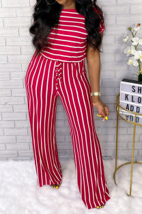 Red Fashion Casual Print Striped Patchwork bandage Short Sleeve O Neck Jumpsuits