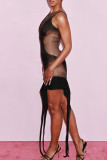 Black Elegant Patchwork See-through O Neck Irregular Dresses