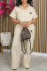 Apricot Casual Print Patchwork Draw String Pocket Turndown Collar Half Sleeve Two Pieces