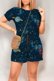 Colour Casual Print Graffiti Pocket O Neck Loose Rompers