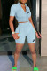 Light Blue Casual Print Patchwork Pocket Zipper Zipper Collar Short Sleeve Two Pieces