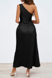 Rose Red Elegant Solid Hollowed Out Pleated Oblique Collar Sleeveless Dresses