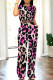 Rose Red Casual Geometric Print Contrast O Neck Short Sleeve Two Pieces