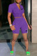 Purple Casual Print Patchwork Pocket Zipper Zipper Collar Short Sleeve Two Pieces