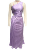 Rose Red Elegant Solid Hollowed Out Pleated Oblique Collar Sleeveless Dresses