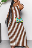 Black Casual Striped Patchwork Pocket V Neck Long Dresses