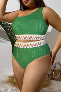 Green Sexy Patchwork Backless One Shoulder Plus Size Swimwear (With Paddings)