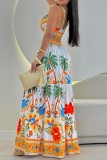 White Sexy Casual Print Backless Spaghetti Strap Long Dresses