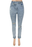 Light Blue Casual Street Solid Ripped Pocket Asymmetrical High Waist Skinny Denim Jeans