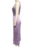 Rose Red Elegant Solid Hollowed Out Pleated Oblique Collar Sleeveless Dresses