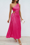 Rose Red Elegant Solid Hollowed Out Pleated Oblique Collar Sleeveless Dresses