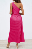 Rose Red Elegant Solid Hollowed Out Pleated Oblique Collar Sleeveless Dresses