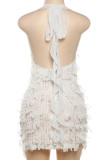 White Street Solid Tassel Bandage Patchwork Backless Halter Wrapped Skirt Dresses